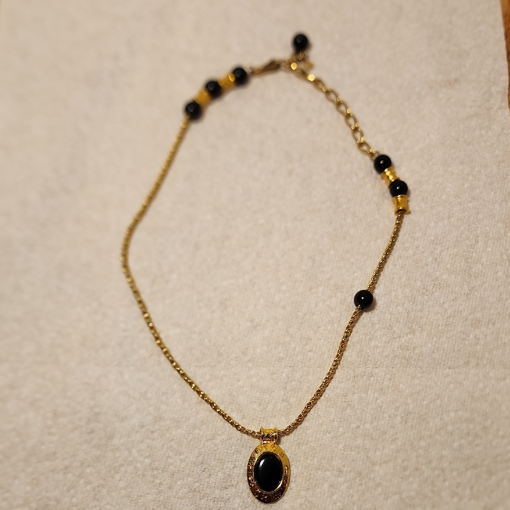 Vtg. Liz Claiborne Black Lucite Gold Tone Hieroglyphics Necklace egyptian style